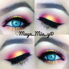 Blue eye makeup | This look could honestly work for any eye color, but the rustler hues from the yellow and pink mixing compliment blue eyes the best. Maya Mia, Tweedle Dum, Drag Make-up, Dramatic Eye Makeup, Dramatic Eyes, Makijaż Smokey Eye, Makeup Hacks, Trendy Makeup, Blue Eye Makeup