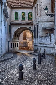 an alley way with buildings and street lights on either side, surrounded by cobblestones