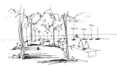 an ink drawing of trees and people walking