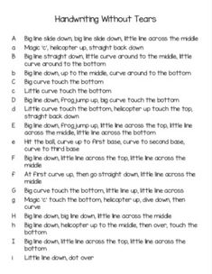 a printable worksheet showing the instructions for handwriting without tears