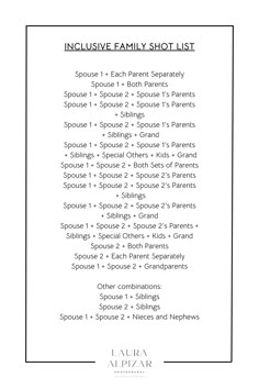 the printable list for an individual's family shot list is shown in black and white