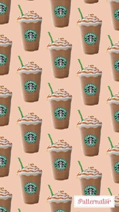 starbucks coffee cups with green straws and whipped cream on pink background wallpaper pattern