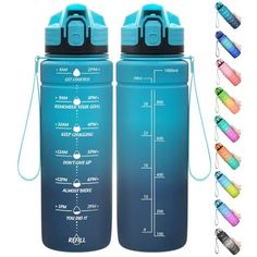 two water bottles with different colors and sizes on the bottom one is blue, the other has