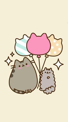 two cats holding balloons with stars and clouds on the top, one cat has a pink balloon