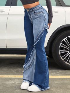 Two Tone Raw Cut Flare Leg Jeans Blue Casual   Denim Plain Flare Leg High Stretch  Women Clothing, size features are:Bust: ,Length: ,Sleeve Length: Flair Jeans Outfit, Pinterest Room, Fashion Diary, Cute Outfits With Jeans, Shein Icon, Stylish Hoodies, Shein Outfits, Fashionable Clothes, Loose Fit Jeans