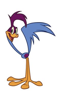 a cartoon bird with purple hair and blue eyes