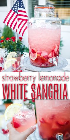 strawberry lemonade white sangria is served in a glass with ice and garnish