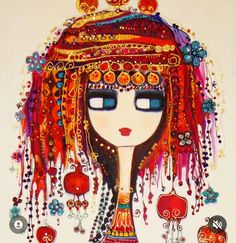 a painting of a woman with red hair and beads on her head, wearing a tiara