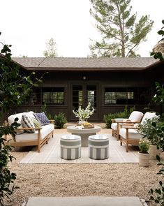 an outdoor living area with chairs and tables