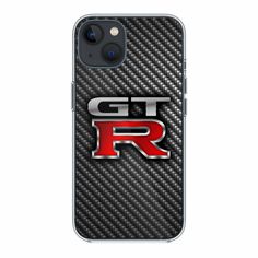 an iphone case with the gtr logo in red and black carbon fiber on it