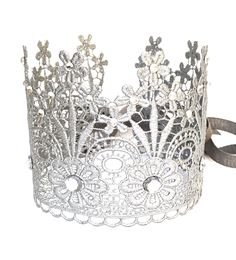 "Glinda The Good Witch Crown with rhinestones Crown only listing. Please note ribbon #2 option is sold out as the ribbon has been discontinued.   Crown is ready to ship within a week.  This silver crown measures: 4.5\" tall and is 17\"-18\", 19\"-20\", 21\"-22\", 23\"-24\" long and it's  adjustable with ribbon.  This will fit a toddler to an adult. Handmade from lace and painted with non-toxic metallic paint, then adorned with rhinestones. Each crown is made by hand and no 2 are exactly the same. I try and make them similar, but each is unique and a work of art on its own.  Crown/Headband fits Toddlers to Adults.  Sizing for my crowns: Measure the head where you want the crown to sit. Some will want it to sit on the top of the head and others will want it to crown the head like a headband. Glinda The Good Witch Crown, Glinda Crown, Glinda Good Witch, Glitter Wand, Glinda Costume, Fairy God Mother, Witch Crown, Crown Butterfly, Glinda The Good