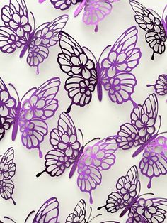 many purple butterflies on a white background