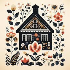 Nordic folk art inspired poster with house and flowers, light beige and dark white, geometric organic shapes stock photo Nordic Folk Art Design, Folk Art Scandinavian, Icelandic Folk Art, Norwegian Graphic Design, Nordic Folk Art Christmas, Scandinavian Folk Art Flowers, Folk Color Palette, Scandinavian Folk Art Swedish Style, Nordic Illustration