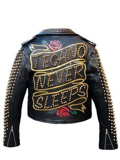 New Men Women's Custom Made Black Leather Full Metallic Studded Techno Never Sleeps Printed Zipper Belted Stylish Leather Jackets on Storenvy Leather Jacket Details, Stylish Leather Jacket, Studded Leather Jacket, Studded Jacket, Handmade Leather Shoes, Long Haul, Studded Leather, Black Leather Jacket, Leather Jackets