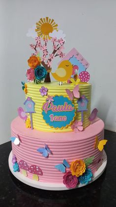 a birthday cake decorated with flowers and birds