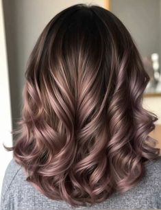 Dark Brown Hair With Rose Gold, Pink Highlights In Brown Hair Curls, Light Cherry Brown Hair, Dark Pink Balayage, Balayage Hair Pink, Pink Brown Hair Color, Blush Pink Highlights, Rose Gold Highlights Brunette, Dark Brown Hair With Pink