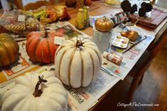 pumpkins and gourds sitting on top of a table