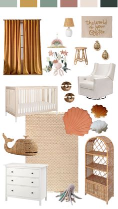 a baby's room with neutral colors and accessories