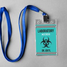 an id badge is attached to a lanyard with a blue lanyard strap around it