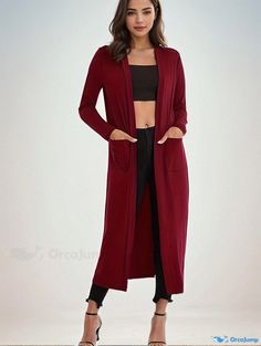 Orcajump - Solid Open Front Lightweight Cardigan, Casual Long Sleeve Long Length Cardigan, Women's Clothing Fitted Open Front Solid Color Cardigan, Fitted Solid Color Open Front Cardigan, Fitted Open Front Sweater Coat With Pockets, Stretch Long Sleeve Cardigan With Pockets, Fitted Long Sweater Coat With Pockets, Long Solid Stretch Cardigan, Long Stretch Solid Cardigan, Long Stretch Solid Color Cardigan, Fitted Long Sleeve Sweater Coat