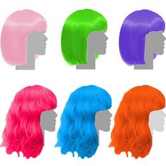 six different colored wigs on mannequin heads