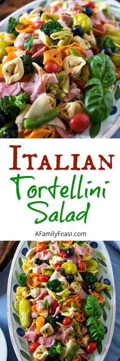 italian tortellini salad with broccoli, tomatoes and other vegetables on a plate