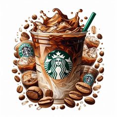 a starbucks drink surrounded by coffee beans and ice cream