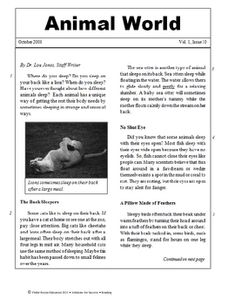 an animal world page with pictures and text on the front cover, in black and white