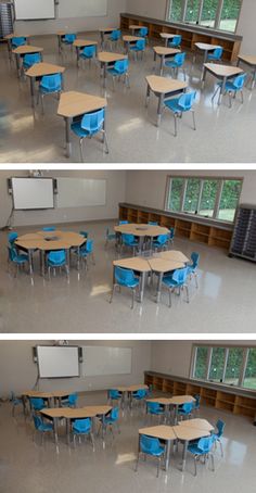 three different views of a classroom with tables and chairs