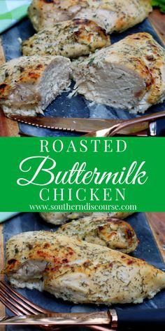 roasted buttermilk chicken on a blue platter with green border and text overlay that reads roasted buttermilk chicken