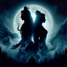 two silhouettes in front of a full moon with mountains and trees on the background