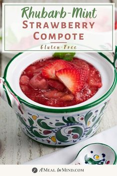 a bowl filled with strawberry compote next to a spoon