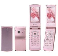 there are three different models of cell phones in this photo, one pink and the other purple