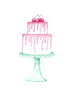 watercolor painted layered white cake with dripping pink frosting topped with three red cherries and sitting on a seafoam green scalloped cake stand Cake Decorating Watercolor, Birthday Watercolor Painting, Watercolor Birthday Cake, Birthday Cake Art, Watercolor Cake Painting Easy, Cake Watercolor Painting, Birthday Cake Watercolor, Birthday Cake Painting Art