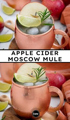 two pictures showing the same apple cider moscow mule in copper mugs with ice and garnishes