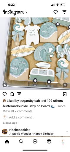 an instagram page with cookies in the shape of cars and surfboards on it