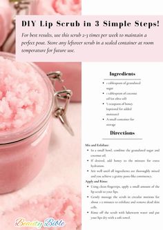 Transform your lips with this easy DIY lip scrub! Using natural ingredients like sugar, honey, and coconut oil#diylipscrub #smoothlips #lipcare #diybeauty #naturallipcare #lipscrubrecipe #beautytips #exfoliate #softlips Diy Lip Sugar Scrub Recipe, How To Have Smooth Lips, Home Made Lip Scrub Recipes, Lip Scrubs Recipes, Diy Lip Scrub Easy, Lip Scrub At Home, Diy Lip Scrubs, Sugar Lip Scrub Diy