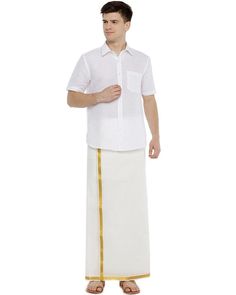 Fabric : 100% Cotton quality cream single jari dhoti Traditional - No Pocket No Velcro White-single dhoti with golden jari border. Wash care: Gentle machine wash, wash with similar colors Men Dhoti single Contains, 100% Cotton Details, 100% cotton fabric. Cream dhoti. 45 inches height. Double dhoti. Size: 125cm x 190cm Material & Care 100% cotton Wash separately Use white color detergents Handwash / machine wash Gentle Wash Don't use fabric bluing agents. Traditional Fit Sets For Puja And Festivals, Traditional Wear With Short Sleeve And Pallu, Traditional Wear With Pallu For Festivals, Traditional Short Sleeve Wear For Festivals, Short Sleeve Traditional Wear For Festivals, Festive Traditional Wear With Short Sleeves, Traditional Short Sleeve Sets For Ceremonies, Festival Traditional Wear With Short Sleeves, Traditional Short Sleeve Kurta For Navratri