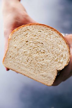 a person holding a piece of bread in their hand