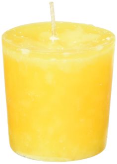 a yellow candle with a white stick sticking out of it's center, on a white background