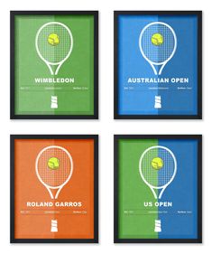 four framed tennis rackets with the words wimbledon and us open printed on them in different colors