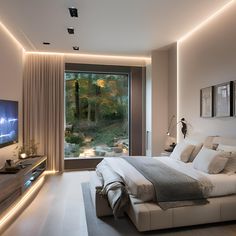 a bedroom with a large bed and a flat screen tv on the wall next to it