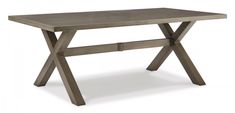 a wooden table with two crossed legs and a grey finish on the top, against a white background