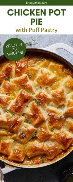 chicken pot pie with puff pastry in a skillet on the side and text overlay reading ready in minutes