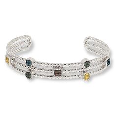 Colleen Lopez Sterling Silver Colored Diamond Cuff Bracelet  This chic, sterling silver cuff glistens with multicolored, pavé-set diamonds and is sure to add a touch of on-point style to any ensemble.       Small approx. 6-3/4"L x 1/2"W     Medium approx. 7-1/4"L x 1/2"W     Large approx. 8"L x 1/2"W     Stamped .925; rhodium plating     Black, yellow and blue-colored accents     Cuff bracelet has three cable twisted rows spaced evenly apart     Round and square stations of pavé-set clusters of Luxury Adjustable Multi-stone Cuff Bracelet, Luxury Gold-colored Sterling Silver Cuff Bracelet, Artisan Silver Multi-stone Cuff Bracelet, Southwestern Adjustable Multi-stone Cuff Bracelet, Luxury Gold-toned Sterling Silver Cuff Bracelet, Diamond Cuff Bracelet, Color Bands, Red Diamond, Green Diamond