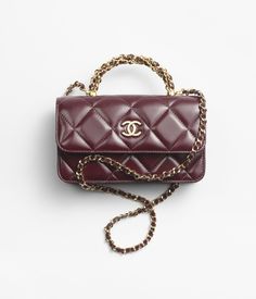 Mini flap bag with top handle, Shiny lambskin & gold-tone metal, burgundy — Fashion | CHANEL Chanel Top Handle Bag, Chanel Mini Flap Bag, Chanel Top, Chanel Clutch, Moda Chanel, Chanel Watch, Burgundy Fashion, Mode Chanel, Fashion Chanel