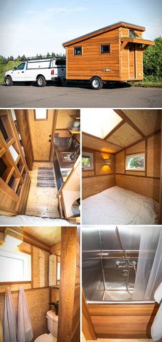 the interior of a tiny house with wood paneling and windows, including a bathroom