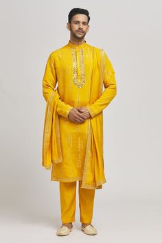 Yellow straight kurta with mirror embroidery. Paired with a pant and dupatta. - Aza Fashions Straight Kurta Palazzo Set With Gold Embroidery For Festivals, Traditional Unstitched Suit With Gold Embroidery For Festive, Sets With Gold Embroidery For Eid And Traditional Ceremonies, Gold Embroidered Straight Kurta For Festivals, Diwali Straight Kurta Set With Gold Embroidery, Traditional Palazzo Set With Gold Embroidery For Eid, Traditional Palazzo Set With Gold Embroidery, Traditional Festive Pant Set With Mirror Work, Festive Straight Kurta Set With Gold Embroidery