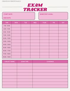 a pink printable exam tracker sheet with the words exam tracker written in red on it