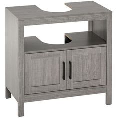 a grey wooden cabinet with two doors and a shelf on the side that has a sink in it